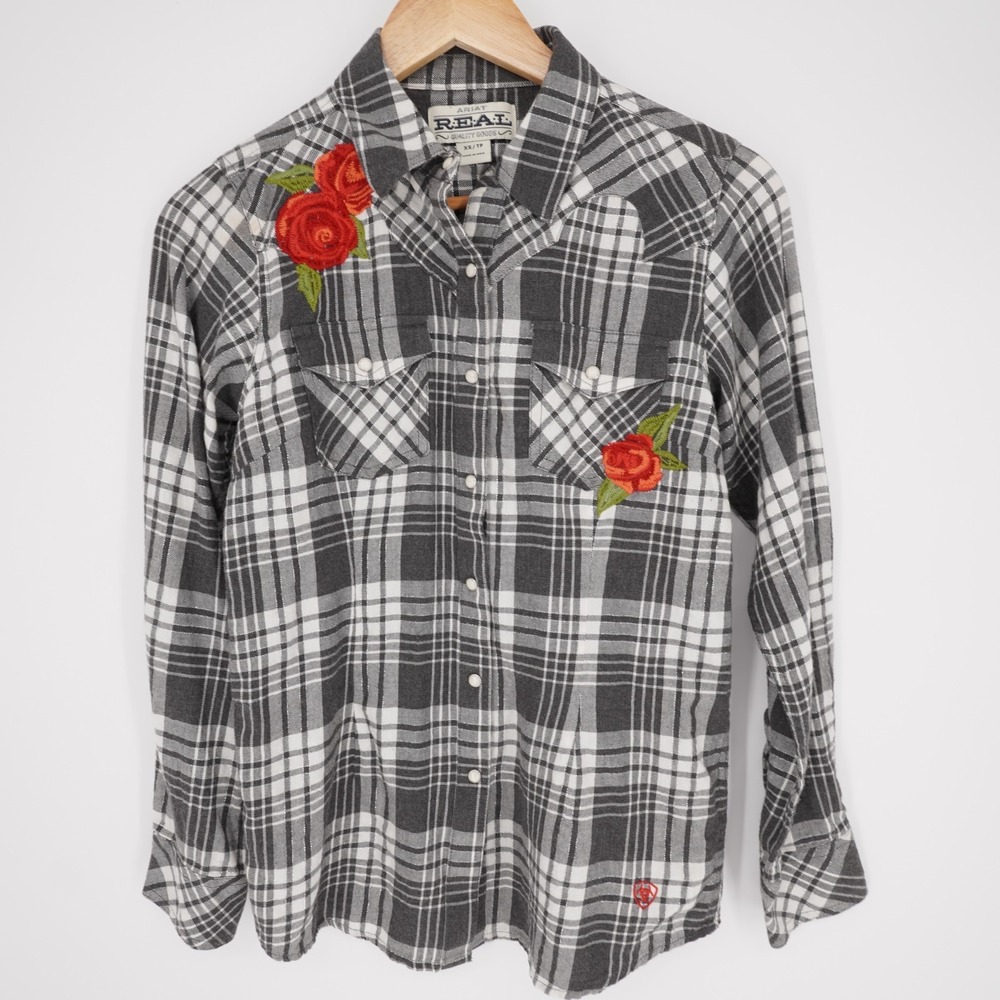 Ariat Pearl Snap Western Shirt Womens XS Gray Plaid Embroidered Rose Metallic